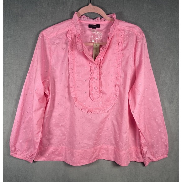 J.CREW Tops - J Crew AJ417 NWT Woman's XL Long-sleeve Ruffle Shirt Floral Eyelet Pink Cotton